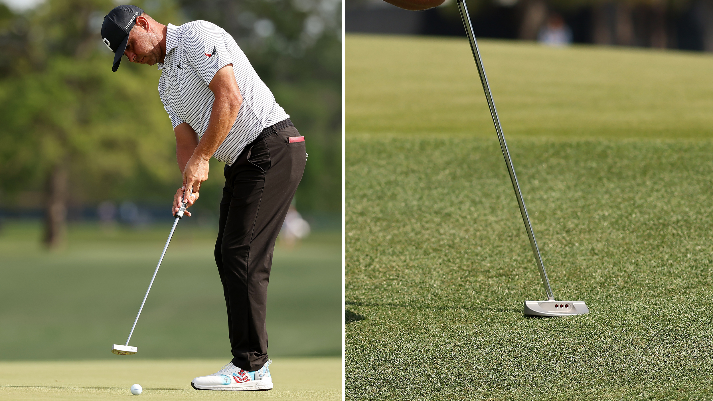 Two side-by-side images showing Gary Woodland's Scotty Cameron GoLo putter