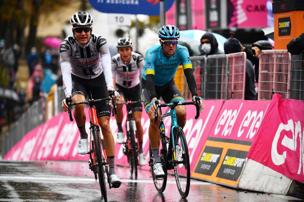 ROCCARASO ITALY OCTOBER 11 Arrival Wilco Kelderman of The Netherlands and Team Sunweb Jakob Fuglsang of Denmark and Astana Pro Team during the 103rd Giro dItalia 2020 Stage 9 a 207km stage from San Salvo to Roccaraso Aremogna 1658m girodiitalia Giro on October 11 2020 in Roccaraso Italy Photo by Stuart FranklinGetty Images