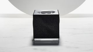 Naim Mu-so Qb 2 review, speaker sits on marble surface with pale grey background