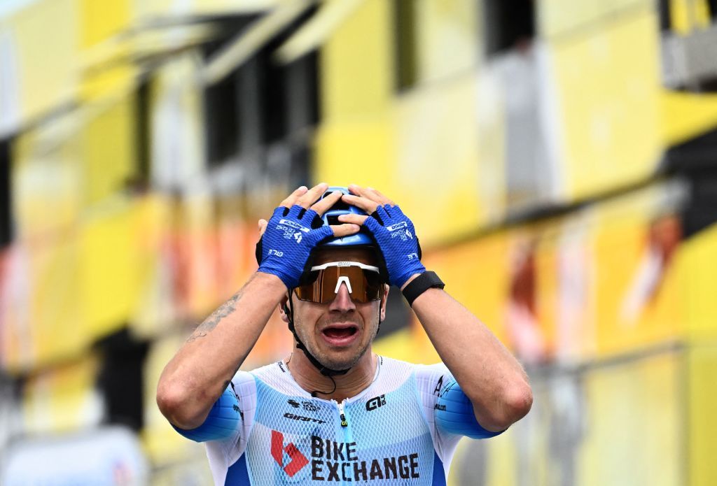 TOPSHOT Team BikeexchangeJayco teams Dutch rider Dylan Groenewegen celebrates as he crosses the finish line to win the 3rd stage of the 109th edition of the Tour de France cycling race 182 km between Vejle and Sonderborg in Denmark on July 3 2022 Photo by Marco BERTORELLO AFP Photo by MARCO BERTORELLOAFP via Getty Images