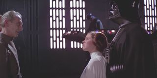Grand Moff Tarkin, Princess Leia, and Darth Vader in A New Hope