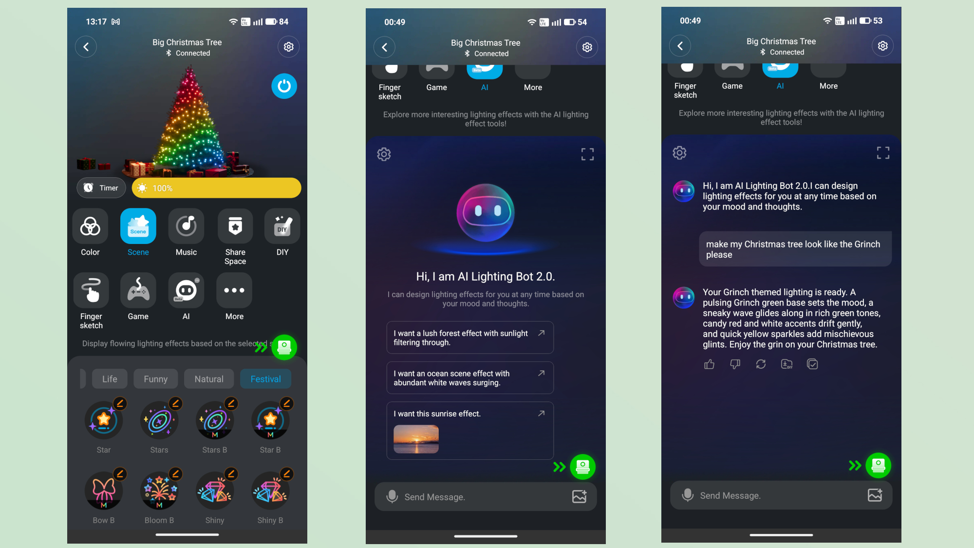A series of screenshots showing how you can use Govee's AI-powered Lighting Bot to make your own custom scenes