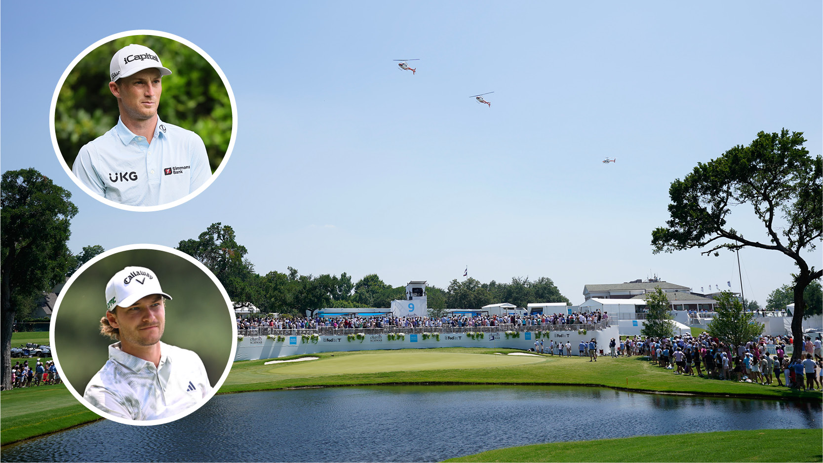 Main image of Colonial Country Club&#039;s ninth hole and inset photos of Will Zalatoris (top left) and Rasmus Hojgaard (bottom left)