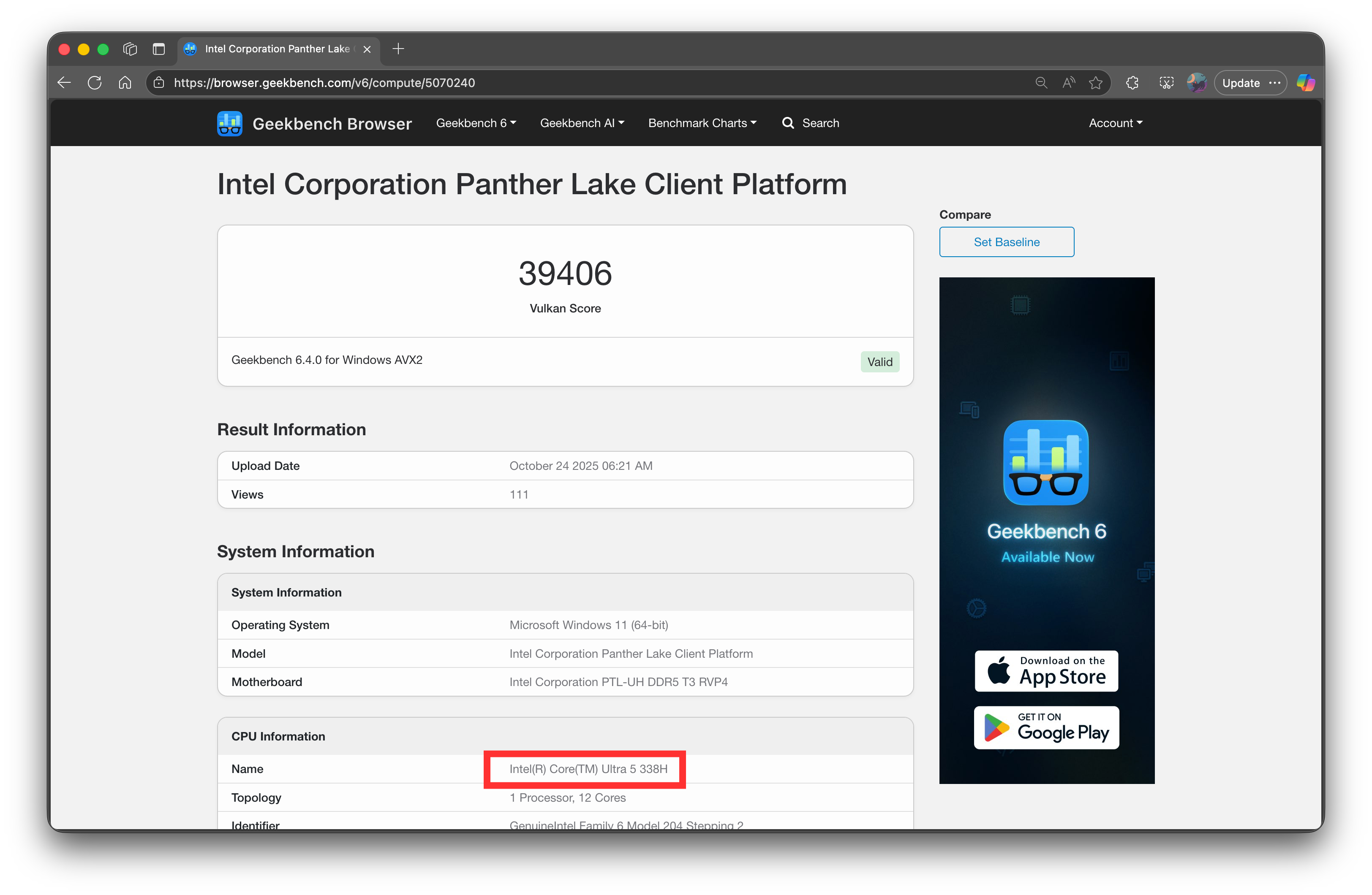 Intel Core Ultra 5 338H Geekbench listing