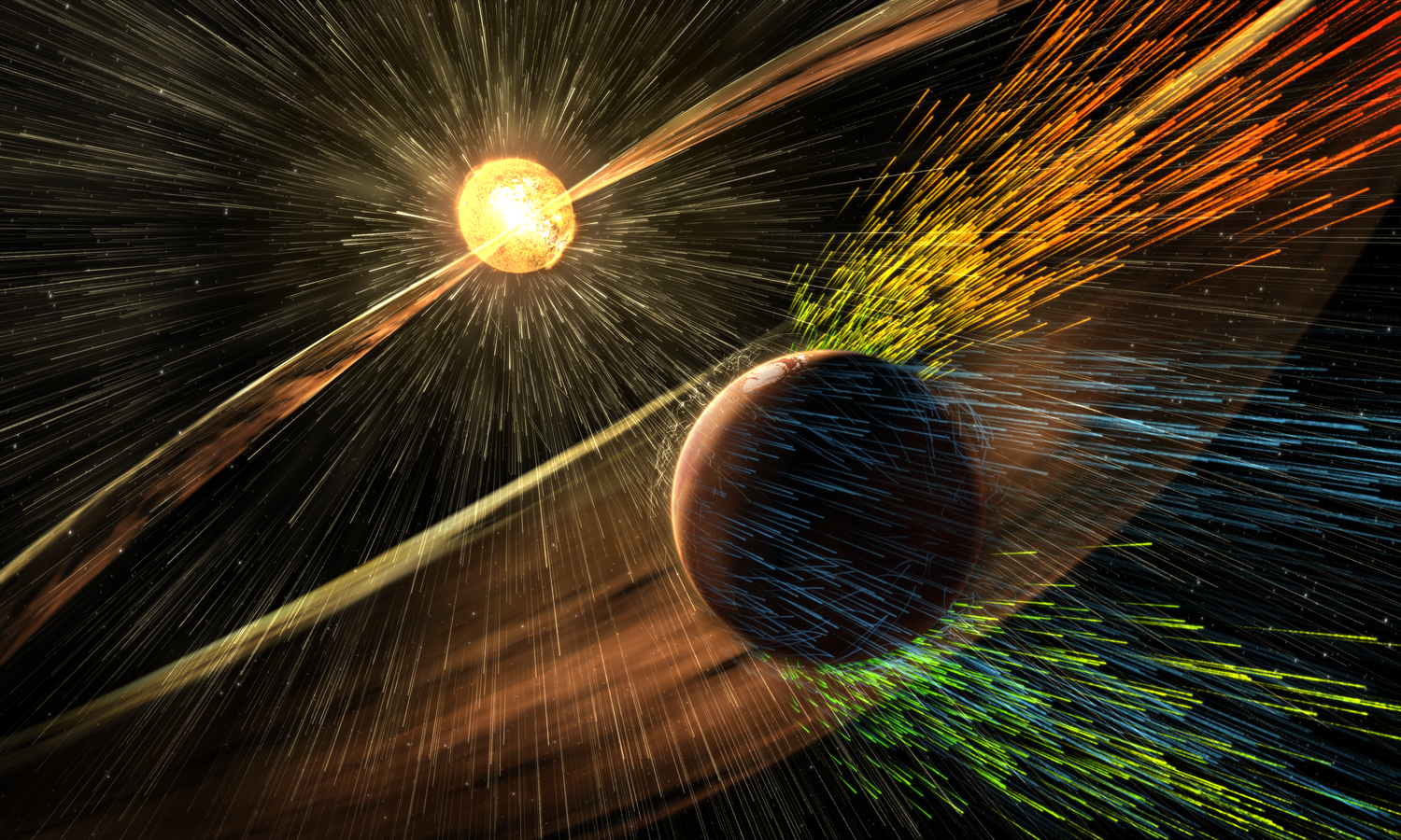 Artist&#039;s rendering of solar storm at Mars