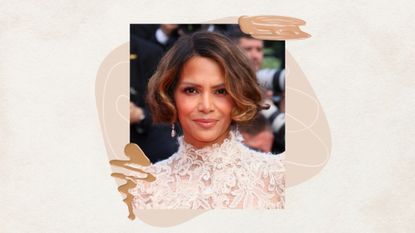 Image of Halle Berry with curled brunette micro-bob on a beige background with neutral graphics and foundation swatches