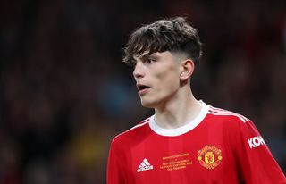 Alejandro Garnacho of Manchester United looks on during the FA Youth Cup Final between Manchester United and Nottingham Forest at Old Trafford on May 11, 2022 in Manchester, England.