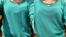 Two images of Ella Taylor wearing a turquoise jumper, before and after using the Philips fabric shaver