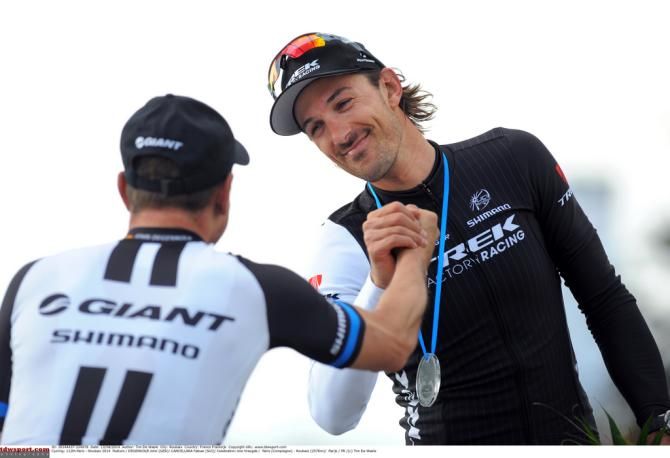 John Degenkolb (Giant Shimano) and Fabian Cancellara (Trek) shake hands)
