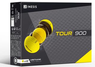 THe Inesis Tour 900 yellow golf balls inside their grey and yellow box
