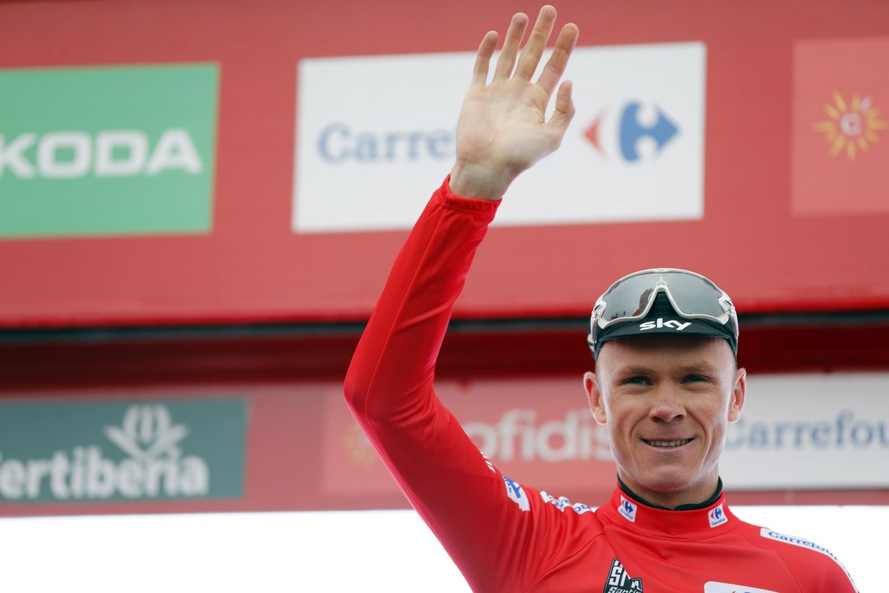 Chris Froome on the podium after the 11th stage of the Vuelta a Espa&ntilde;a
