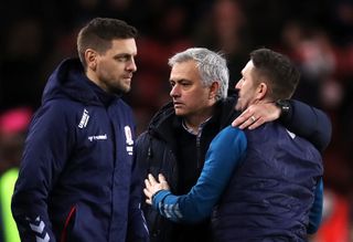 Jonathan Woodgate, left, and Robbie Keane, right, with Mourinho after the game
