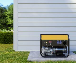 A black and yellow generator outside of a white wood panel house