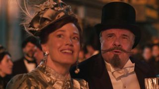 Carrie Coon on the left, Nathan Lane on the right, in The Gilded Age.