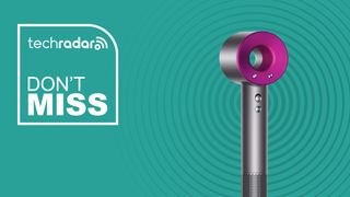 A Dyson Supersonic hair dryer on a green background with a Don't Miss TechRadar deal overlay