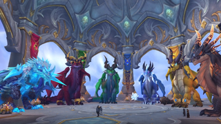 An image of the dragon aspects arranged atop Valdrakken in World of Warcraft: Dragonflight.