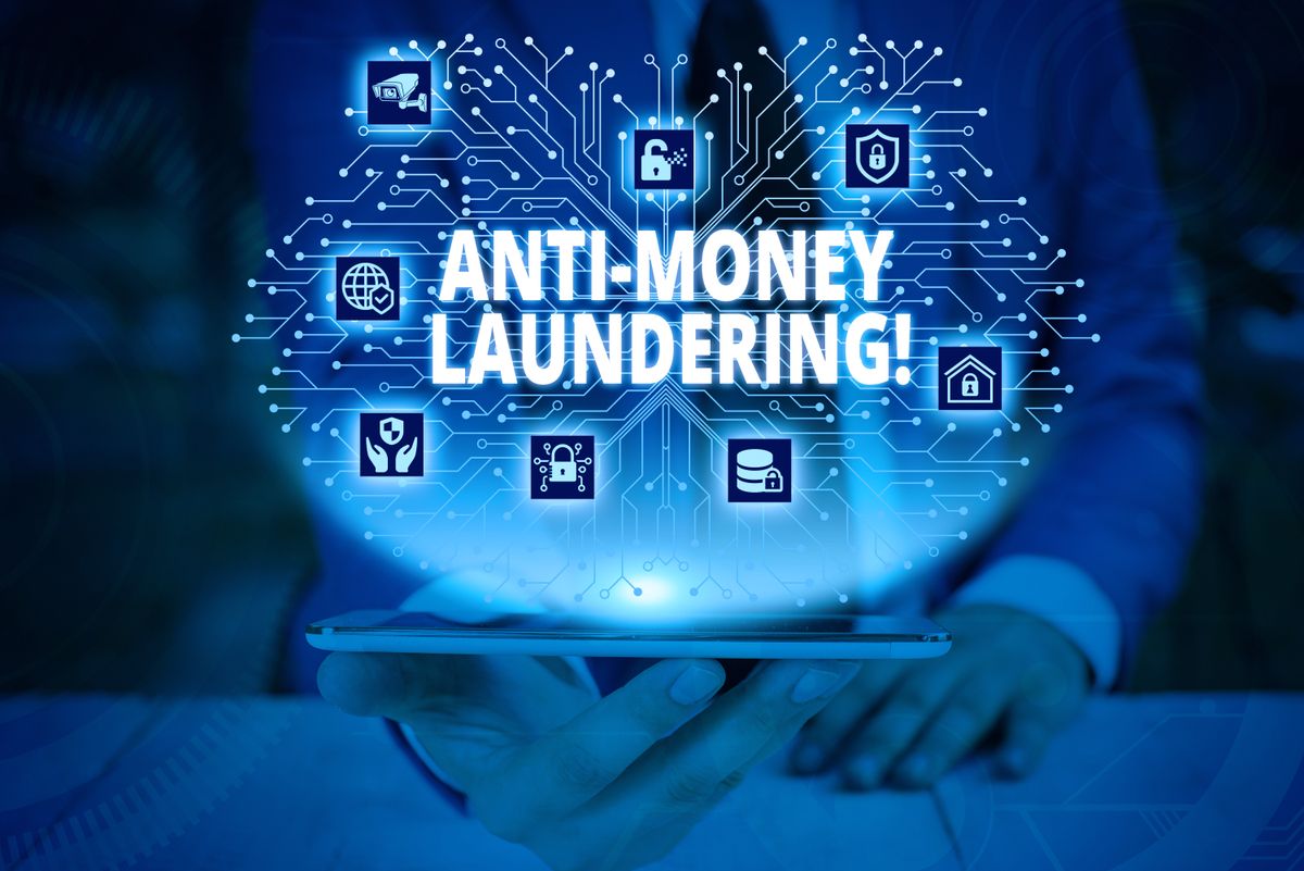 &amp;quot;Anti-Money Laundering&amp;quot; text overlaying tech images