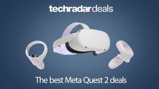 Meta Quest 2 på en blå bakgrunn mellom TechRadar Deals -logoen og Best Meta Quest 2 Deals Text