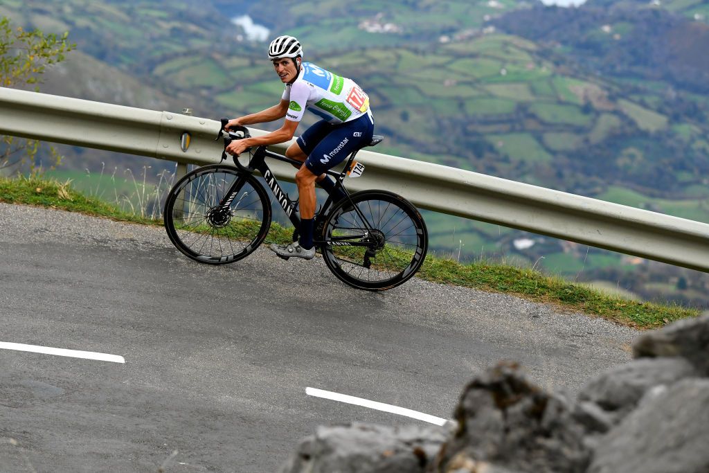 ALTODELANGLIRU SPAIN NOVEMBER 01 Enric Mas Nicolau of Spain and Movistar Team White Best Young Jersey Breakaway Mountains Landscape during the 75th Tour of Spain 2020 Stage 12 a 1094km stage from Pola de Laviana to Alto de lAngliru 1560m lavuelta LaVuelta20 La Vuelta on November 01 2020 in Alto de lAngliru Spain Photo by David RamosGetty Images