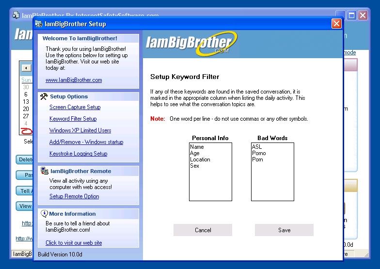 IamBigBrother Image:
The parental software comes equipped with a Keyword Filter. If any of the designated keywords occur in a child's chat conversation, the app marks the saved information as inappropriate.