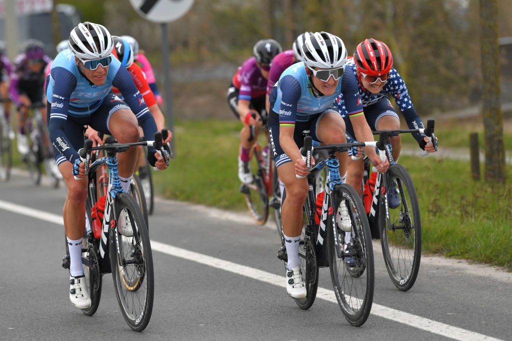 WEVELGEM BELGIUM MARCH 28 Ellen Van Dijk of Netherlands and Team Trek Segafredo Elisabeth DeignanArmitstead of United Kingdom and Team Trek Segafredo Ruth Winder of United States and Team Trek Segafredo during the 10th GentWevelgem In Flanders Fields 2021 Womens Elite a 1417km race from Ypres to Wevelgem GWE21 GWEWomen FlandersClassic UCIWWT on March 28 2021 in Wevelgem Belgium Photo by Luc ClaessenGetty Images