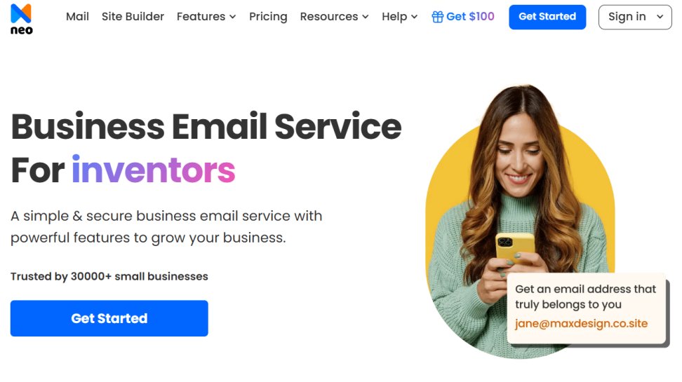 Neo mail website screenshot (June 2025).