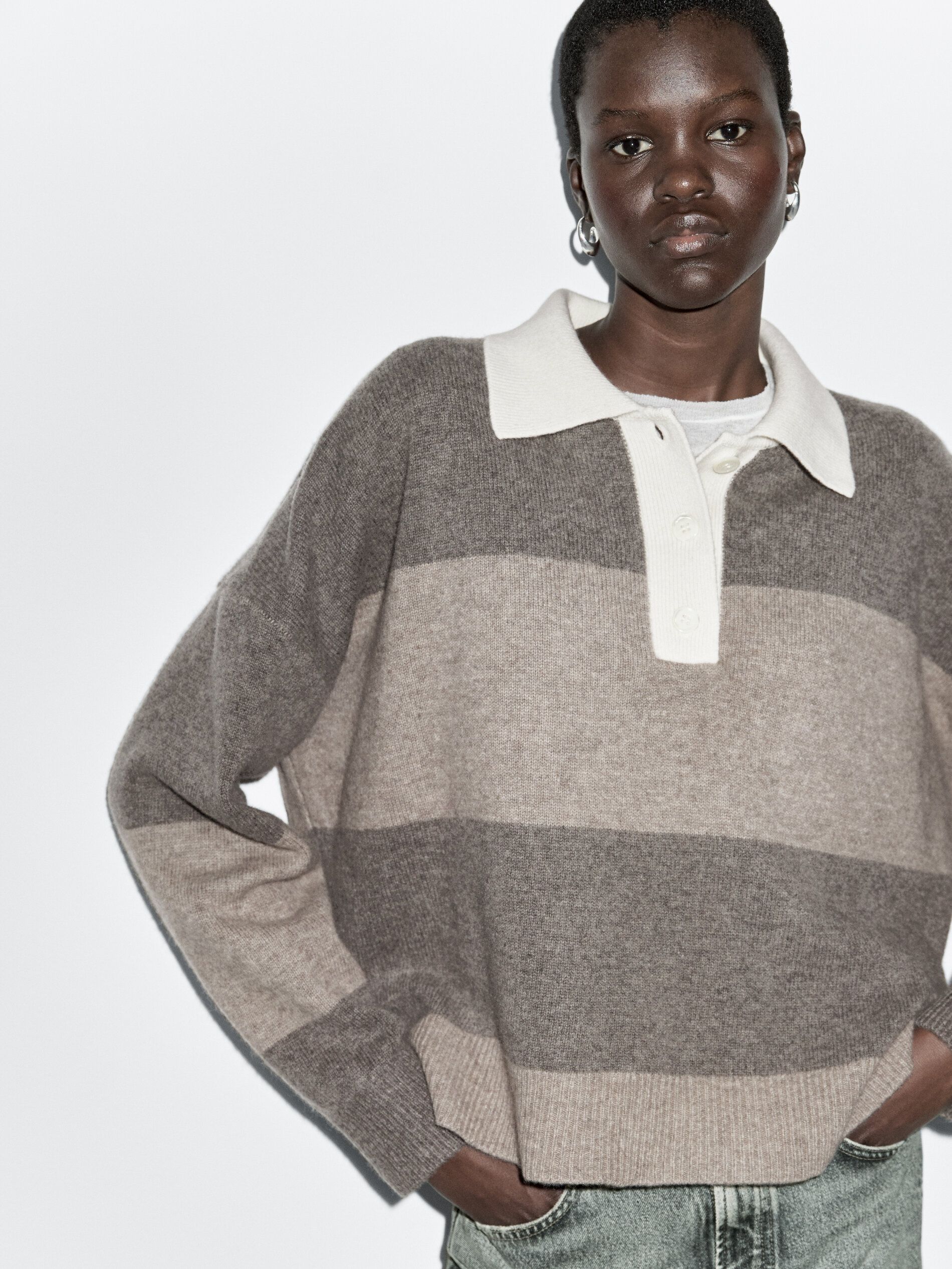 Striped Wool Blend Polo Sweater