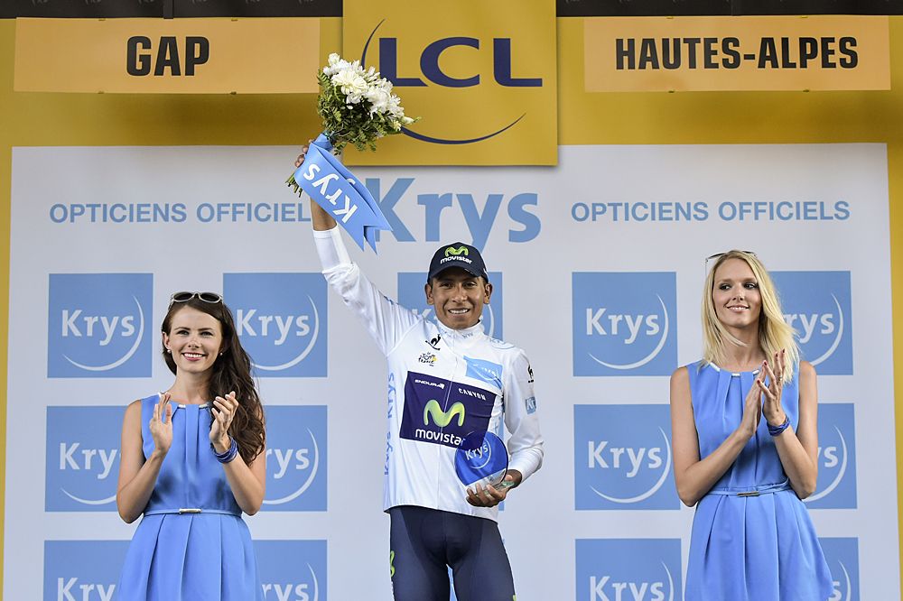 Nairo Quintana (Movistar) wears the white jersey of the best young rider