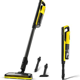 Karcher handheld cordless vacuum in black and yellow with a handheld attachment.