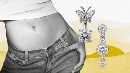 Graphic design art showing a woman’s belly with navel piercing and two belly button jewelry next to it. Yellow water color element in the background.