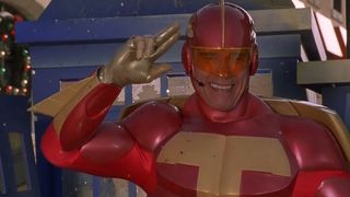 Arnold Schwarzenegger in the costume of Turbo-Man in Jingle All the Way