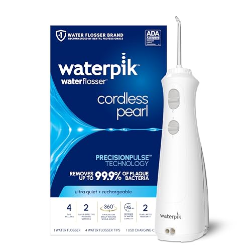 Waterpik Cordless Pearl Rechargeable Portable Water Flosser for Teeth, Gums, Braces Care and Travel, Extra Quiet, 4 Flossing Tips - Ada Accepted, Wf-13 White, Amazon Exclusive