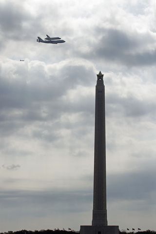 Shuttle Endeavour Flying by San Jacinto Monument