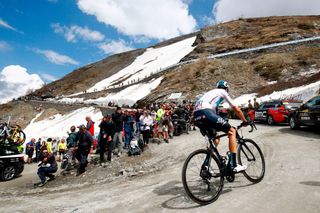 British rider Christopher Froome in action in action on the gravel of the Colle delle Finestre in the 19th stage from Venaria Reale to Bardonecchia during the 2018 Giro d'Italia