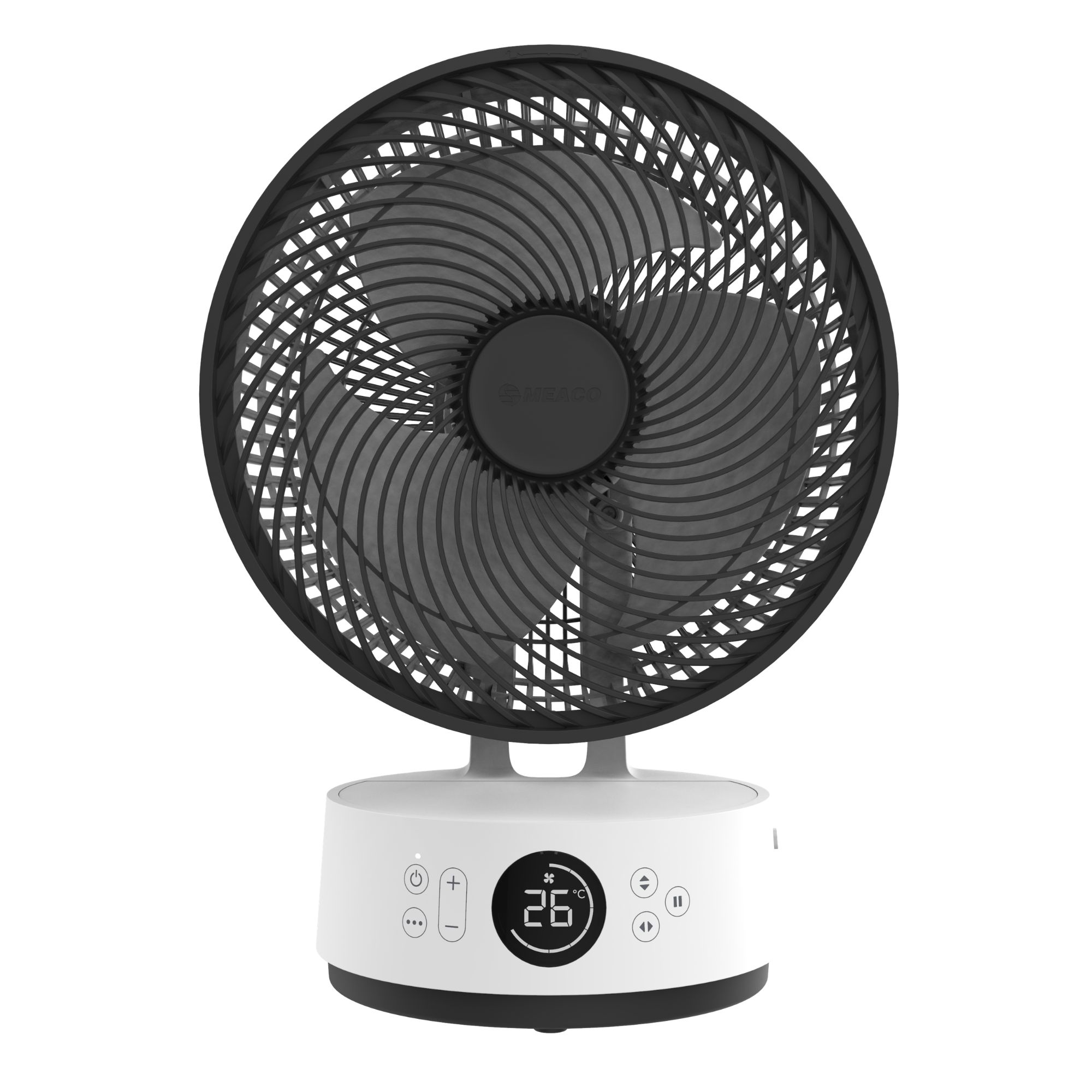 Cutout of the Meaco Sefte Pro table top air circulator on a white background