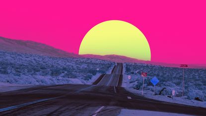Surreal colorful desert with straight road heading to stunning big sun.