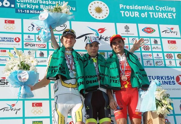 The stage four podium (l-r): Tejay Van Garderen (HTC - Columbia), 2nd; Giovanni Visconti (ISD - Neri), 1st; David Moncouti&eacute; (Cofidis), 3rd.