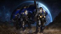 Three armored soldiers in blue and metallic suits stand on a dusty, rocky planet surface against a backdrop of a large, glowing blue planet in space.