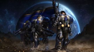 Three armored soldiers in blue and metallic suits stand on a dusty, rocky planet surface against a backdrop of a large, glowing blue planet in space.