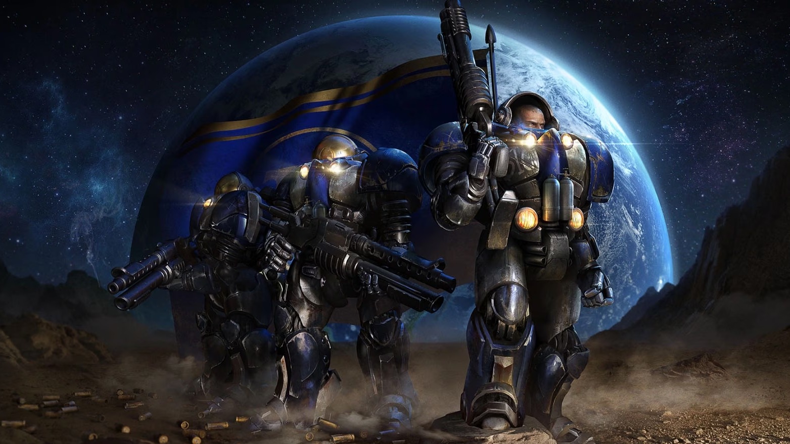 Three armored soldiers in blue and metallic suits stand on a dusty, rocky planet surface against a backdrop of a large, glowing blue planet in space.