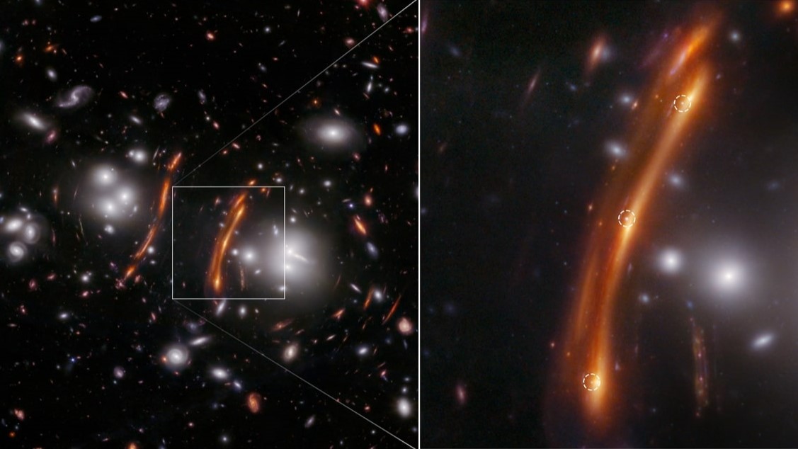 NASA’s James Webb Space Telescope’s NIRCam (Near-Infrared Camera) image of the galaxy cluster PLCK G165.7+67.0, also known as G165. In the right image, the three dots of light from the supernova are circled.