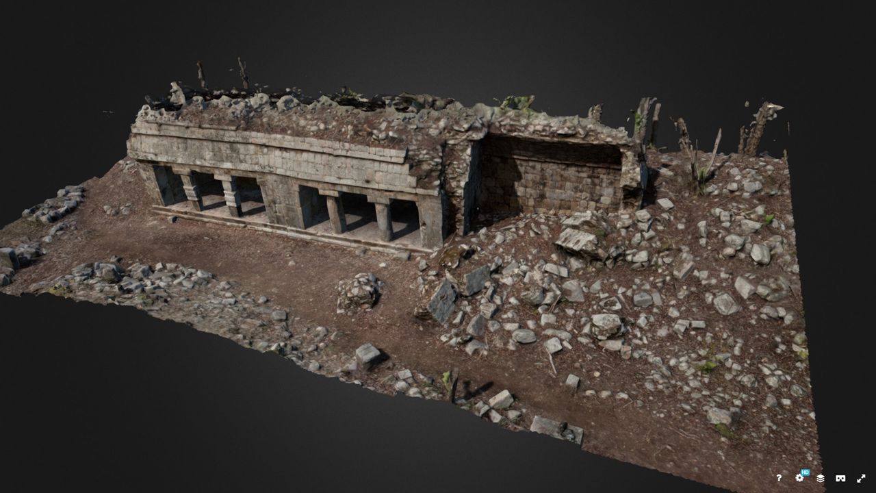 A 3D digital image of the Maya structure divides the Plaza Icim from the Plaza Yaxche at Kiuic in the Puuc region.