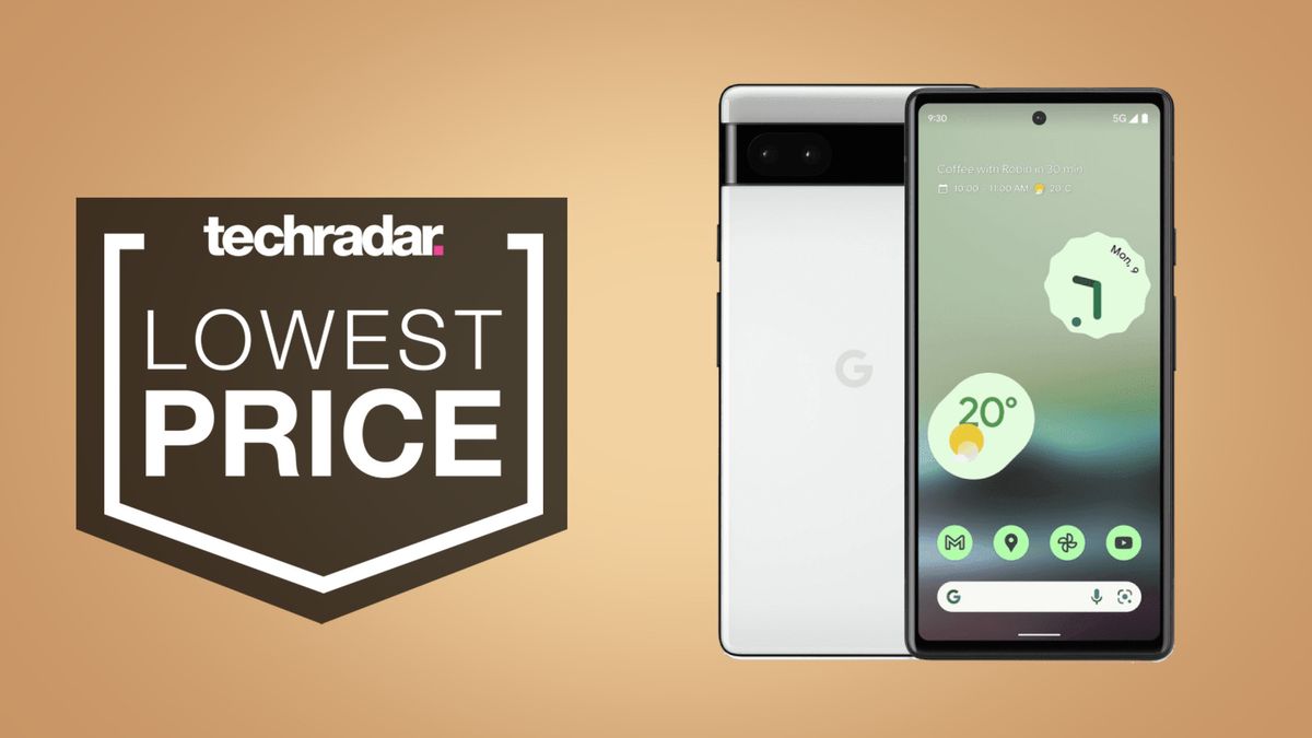 Google Pixel 6a in green on creme background with &#039;lowest price&#039; text