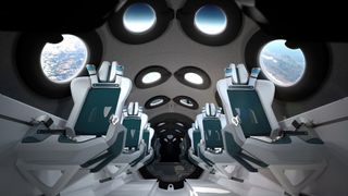 Virgin Galactic's SpaceShipTwo interior features six sleek passenger seats, a wealth of windows and room to float about the cabin.