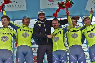 Tinkoff director Ivan Basso on the podium with his winning team after the team time trial at Tour of Croatia