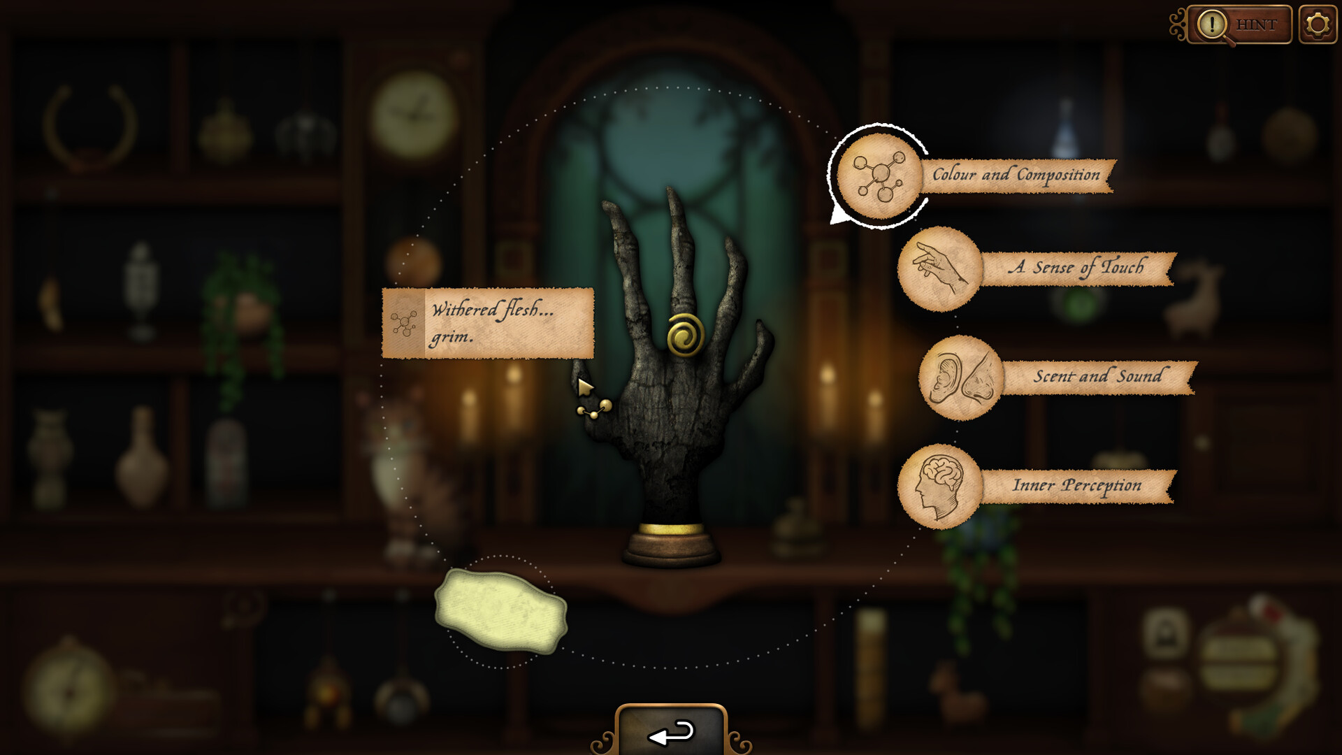 Strange Antiquities screenshot showing a withered hand that can be inspected