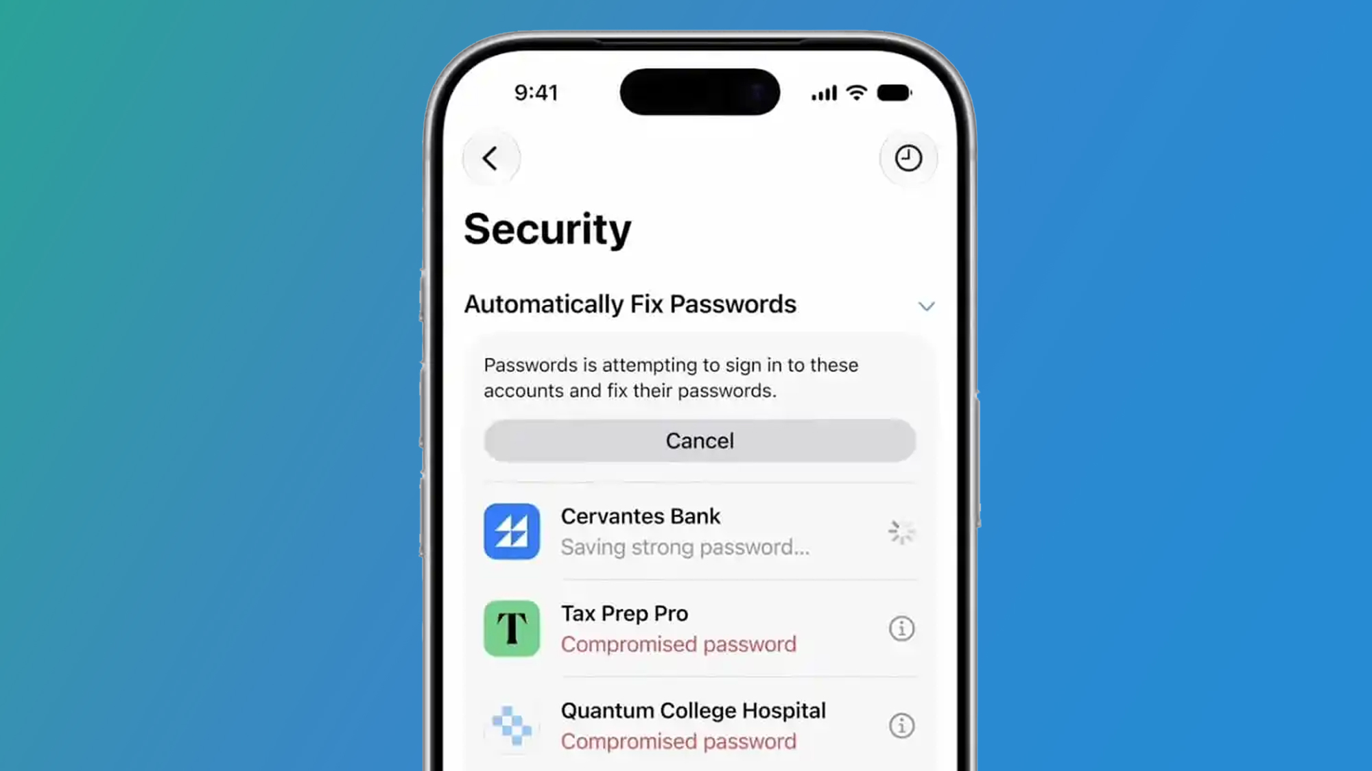 An iPhone showing the Passwords app in iOS 27