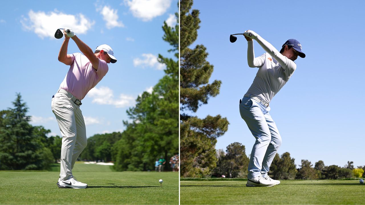 Split-screen image of Rory McIlroy and Yuka Saso hitting driver