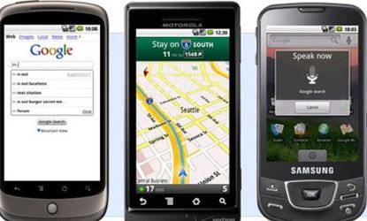 Many Android-powered mobile phones such as Verizon's Droid (center) come with Google applications pre-installed.