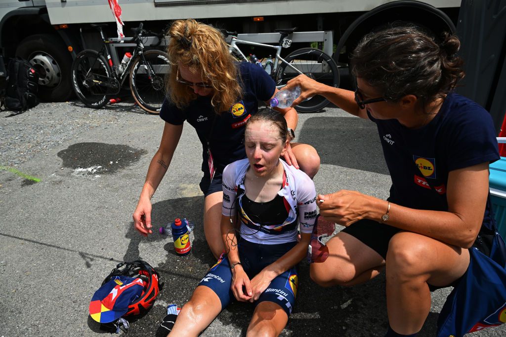 ALASSIO ITALY JULY 06 Gaia Realini of Italy and Team Lidl Trek White Best Young Rider Jersey reacts after the 34th Giro dItalia Donne 2023 Stage 7 a 1091km stage from Albenga to Alassio Santuario della Guardia 551m UCIWWT on July 06 2023 in Alassio Italy Photo by Dario BelingheriGetty Images